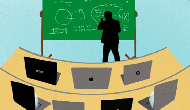 Graphic of instructor at blackboard with empty chairs in classroom.