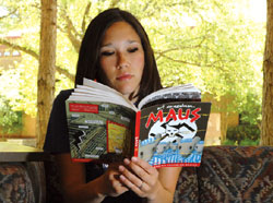 A student reads 'Maus: A Survivor's Tale'